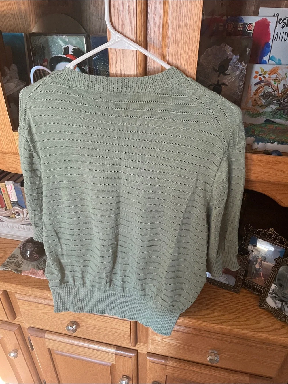 Frye Light Sage Openwork Knit Short-Sleeve Sweater